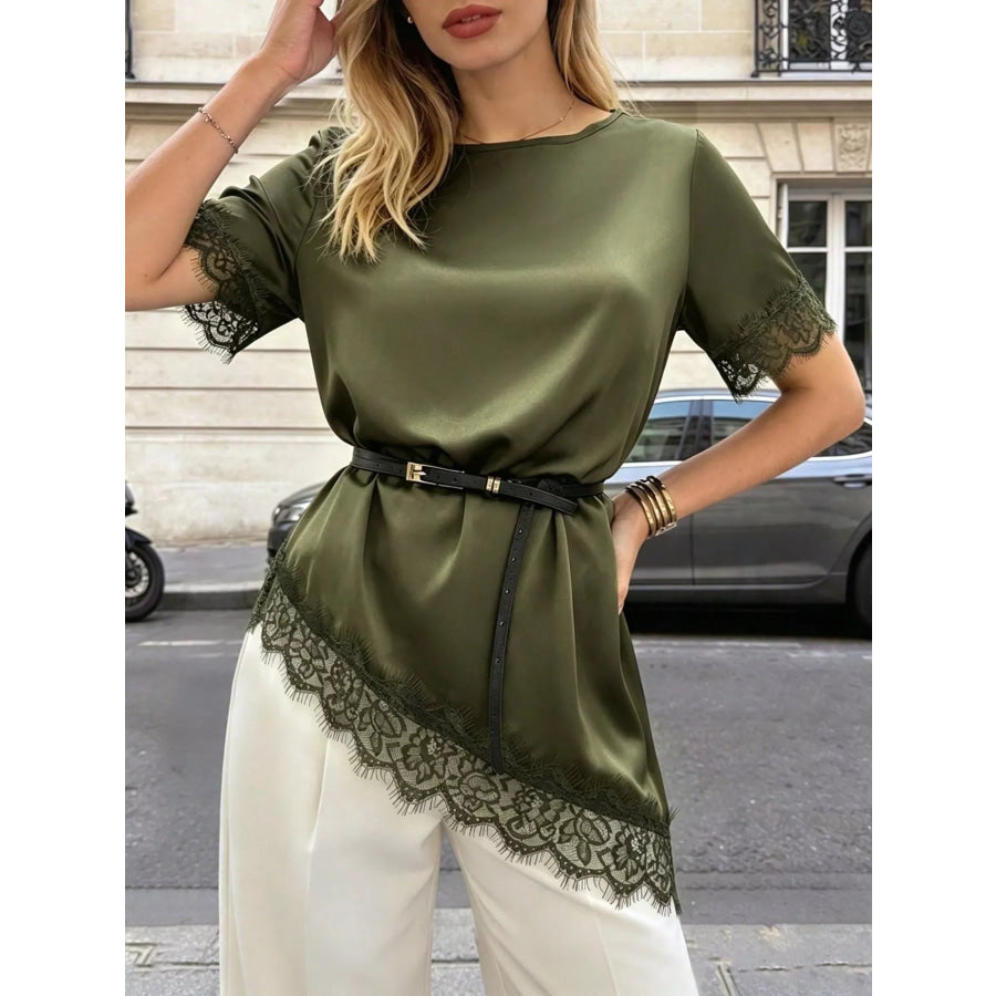 Lace Trim Short Sleeve Satin Top Olive / S