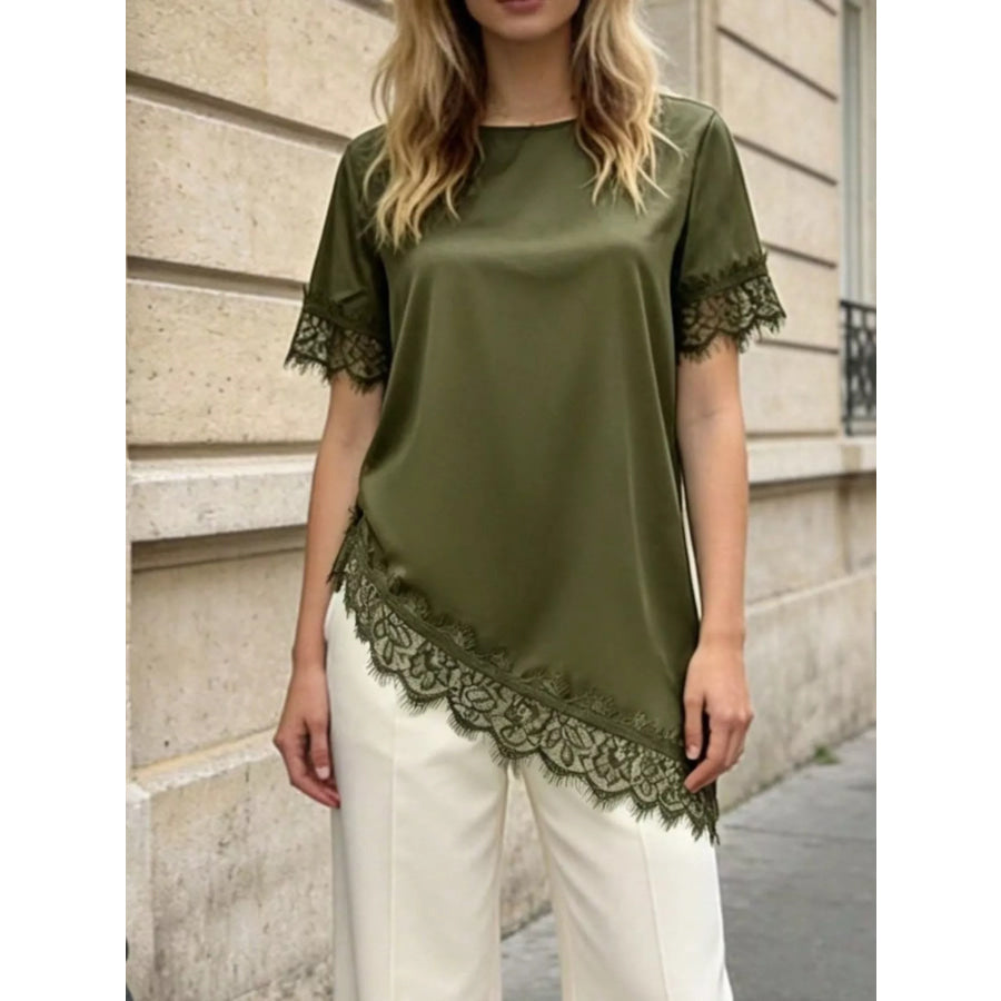 Lace Trim Short Sleeve Satin Top