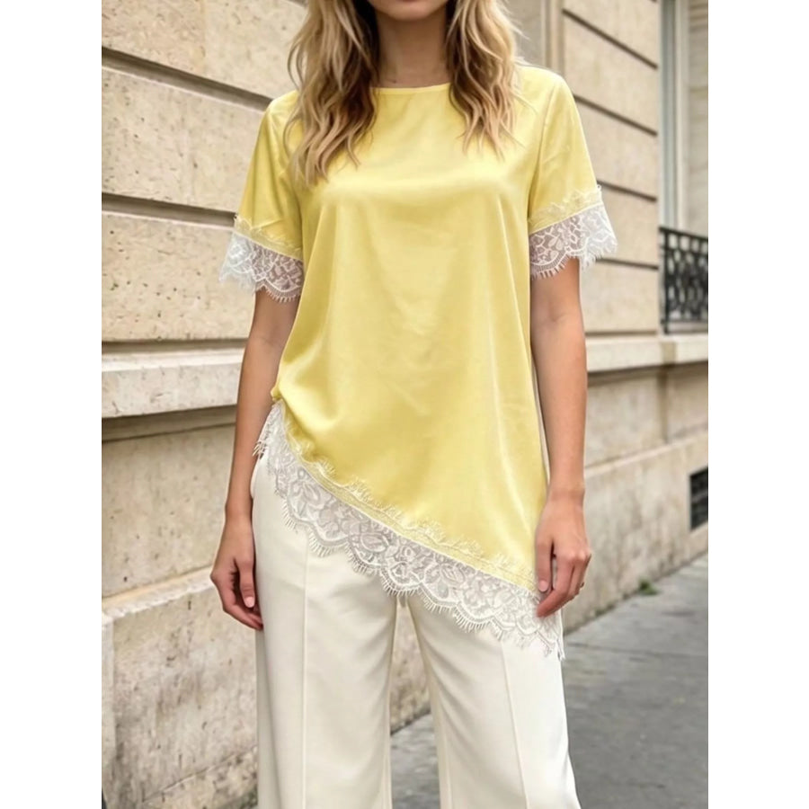 Lace Trim Short Sleeve Satin Top