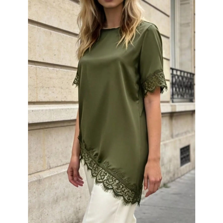 Lace Trim Short Sleeve Satin Top