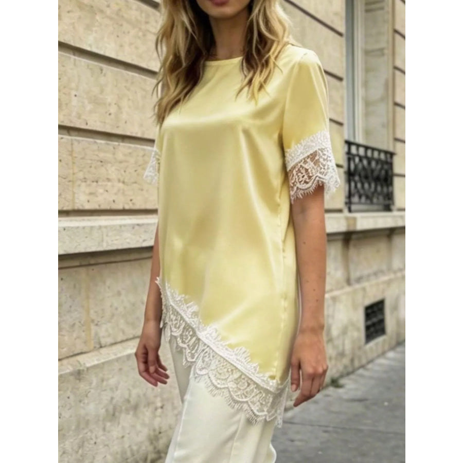 Lace Trim Short Sleeve Satin Top
