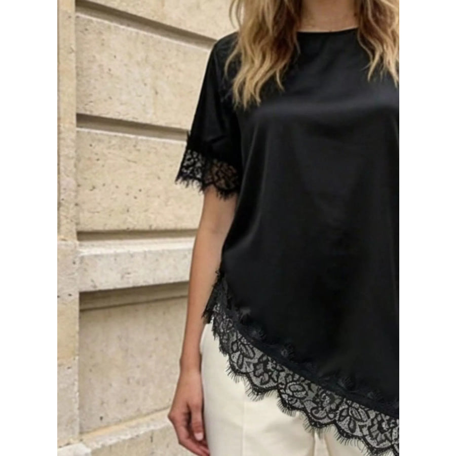 Lace Trim Short Sleeve Satin Top