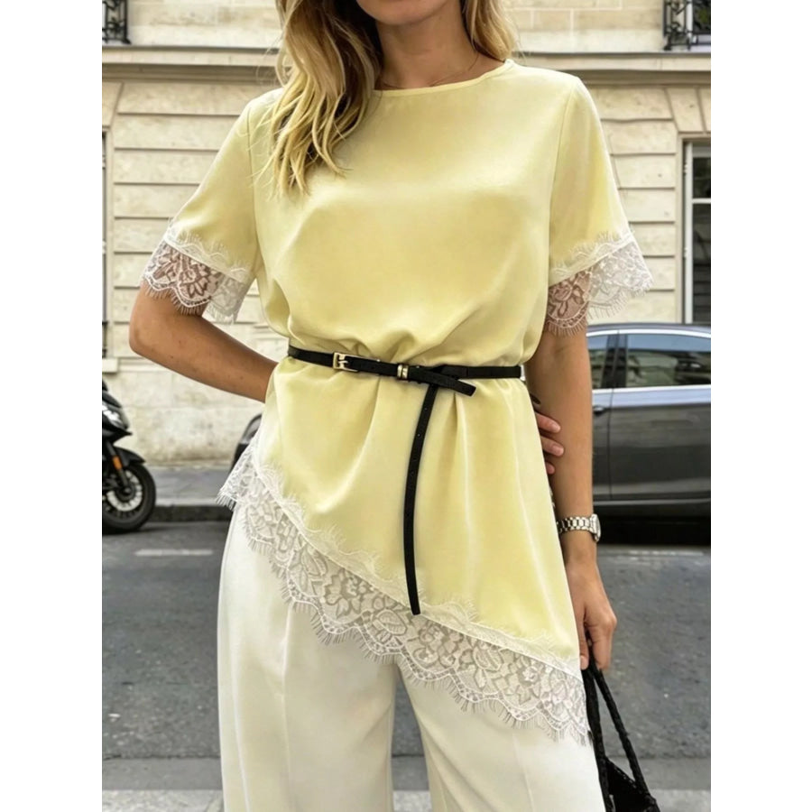 Lace Trim Short Sleeve Satin Top Yellow / S