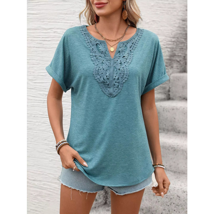 Lace Trim Short Sleeve T-Shirt Blue-green / S Apparel and Accessories