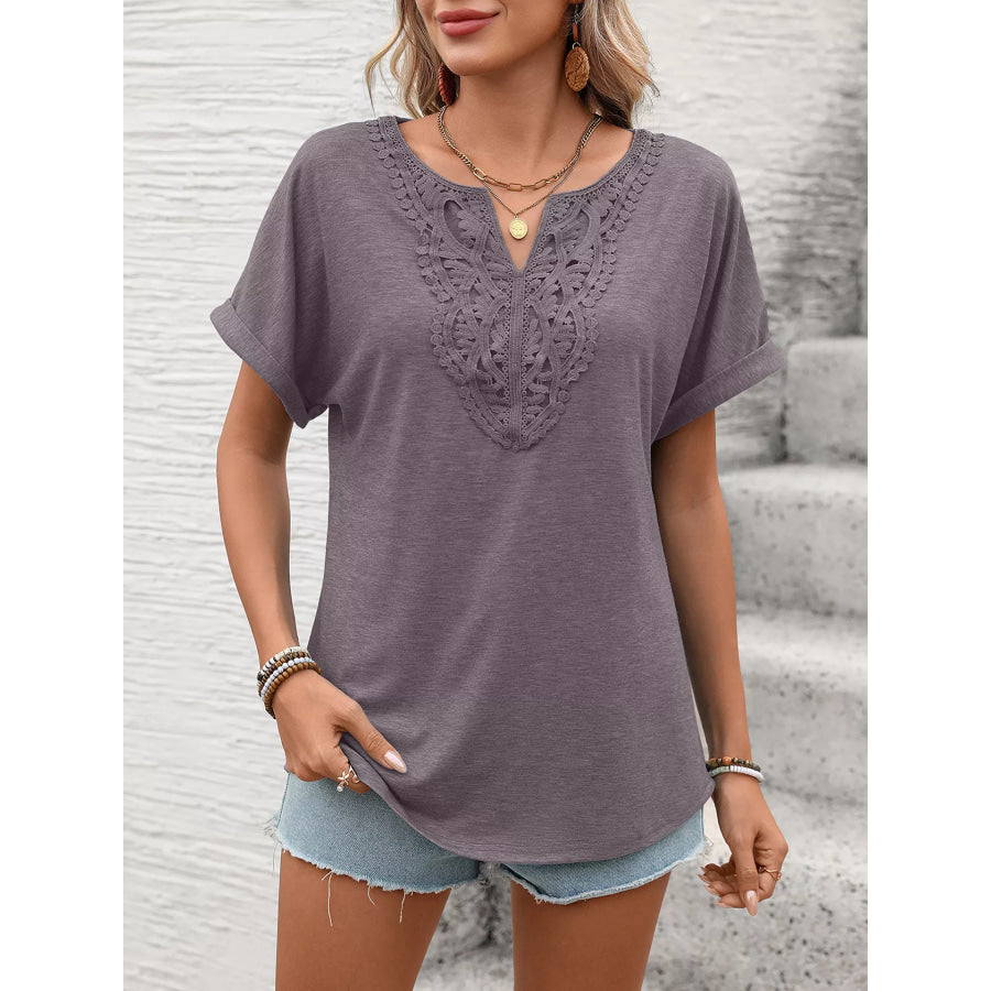 Lace Trim Short Sleeve T-Shirt Brown / S Apparel and Accessories