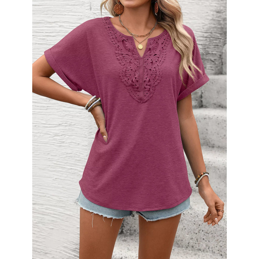 Lace Trim Short Sleeve T-Shirt Burgundy / S Apparel and Accessories