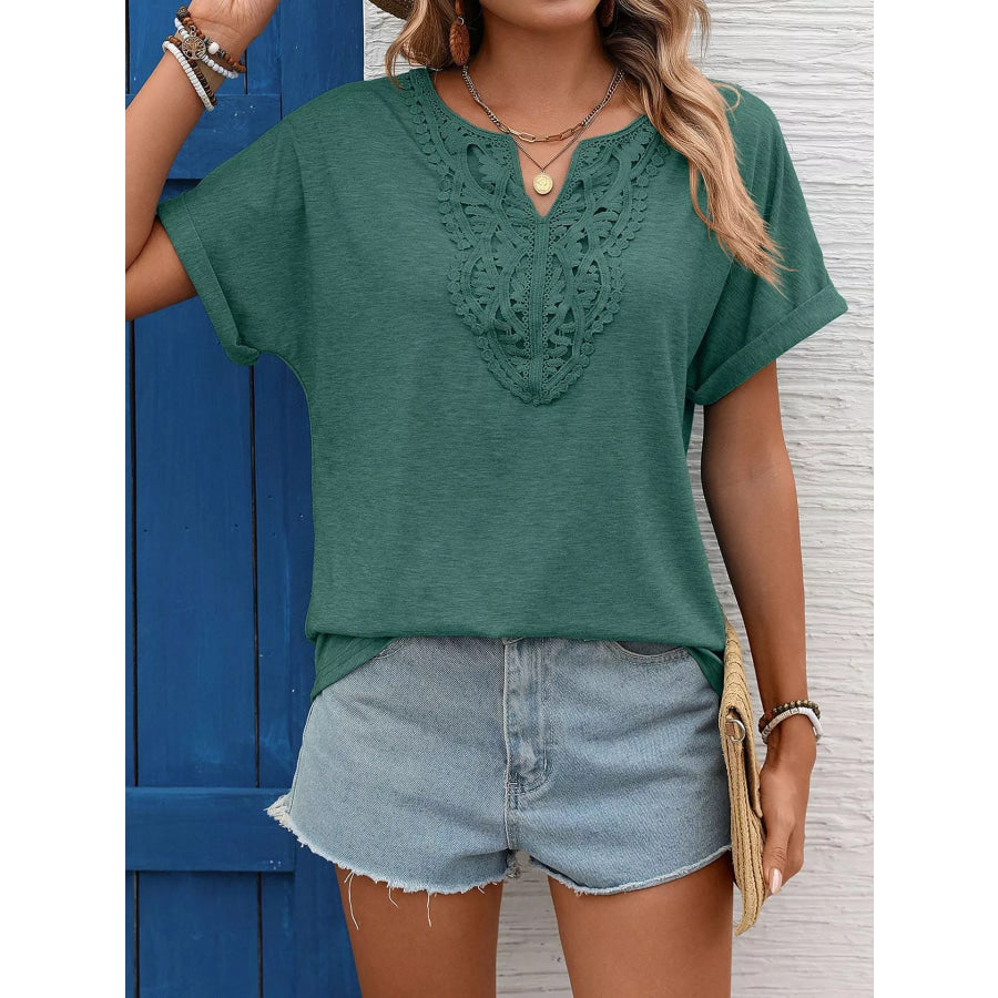 Lace Trim Short Sleeve T-Shirt Dark Green / S Apparel and Accessories