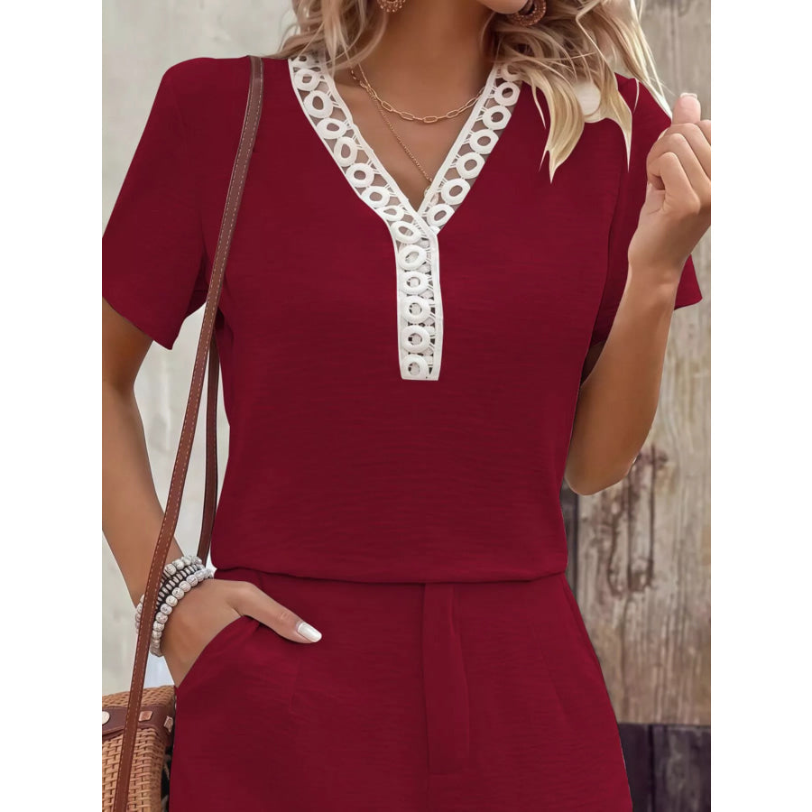 Lace Trim Short Sleeve Top and Shorts Set Apparel Accessories