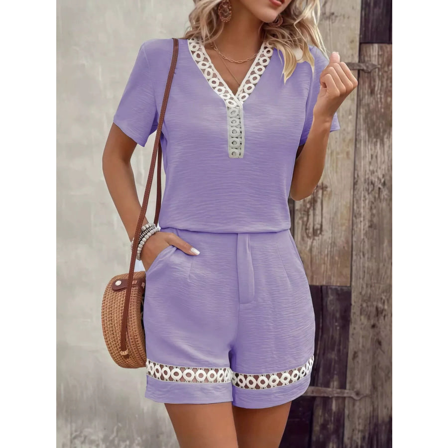 Lace Trim Short Sleeve Top and Shorts Set Purple / S Apparel Accessories