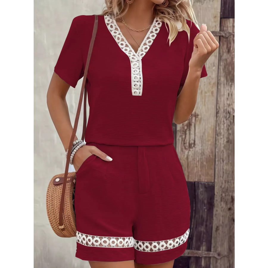 Lace Trim Short Sleeve Top and Shorts Set Red / S Apparel Accessories