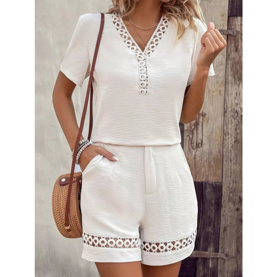 Lace Trim Short Sleeve Top and Shorts Set White / S Apparel Accessories