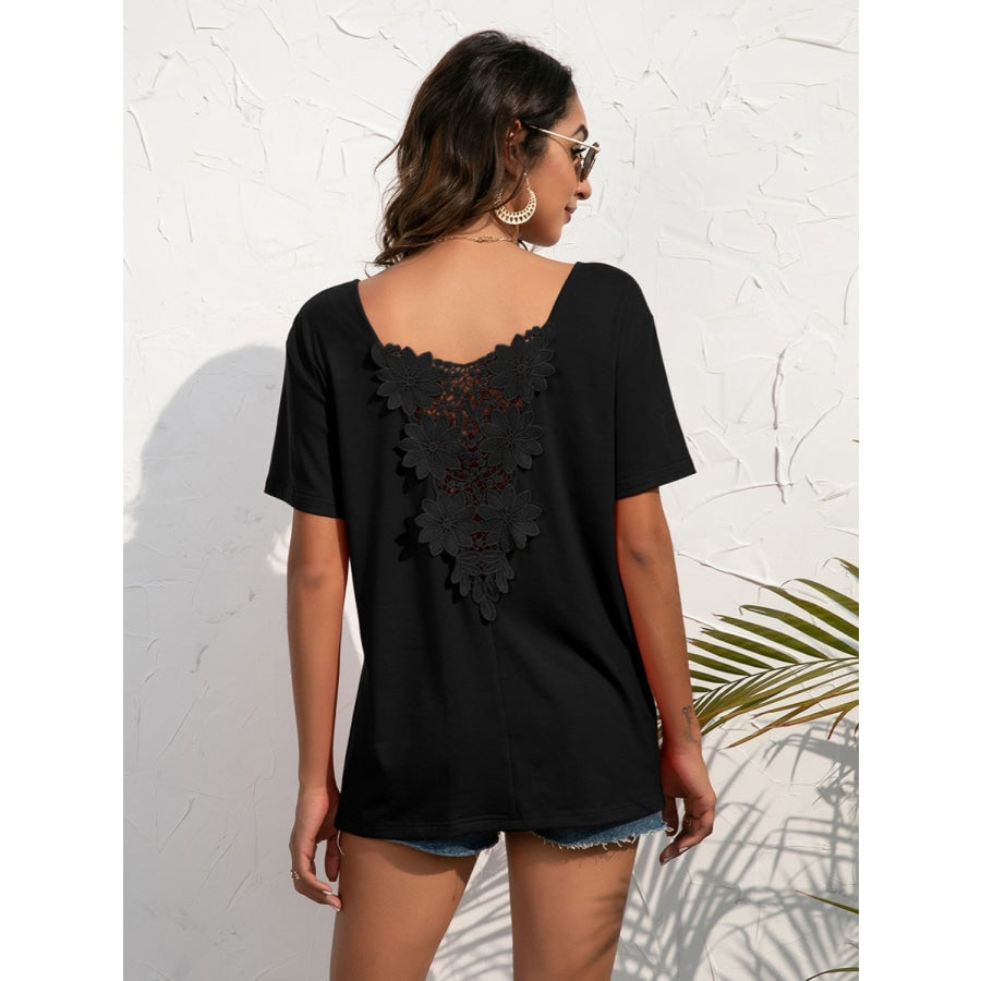 Lace Trim Short Sleeve Top Black / S