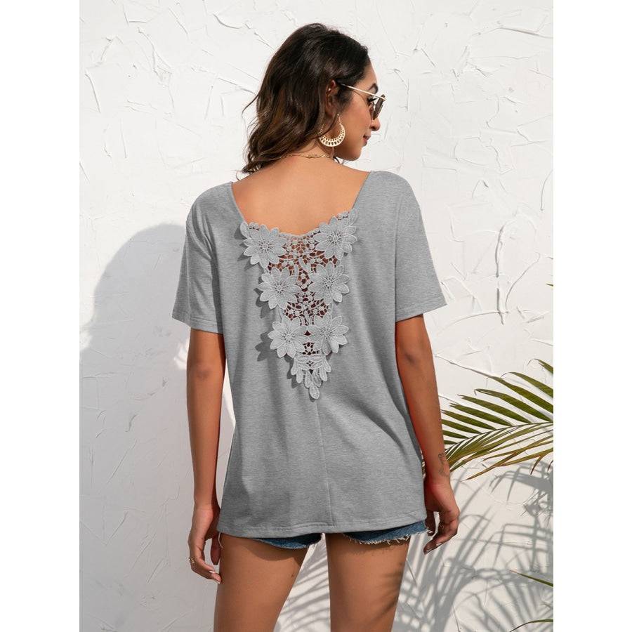 Lace Trim Short Sleeve Top Cloudy Blue / S