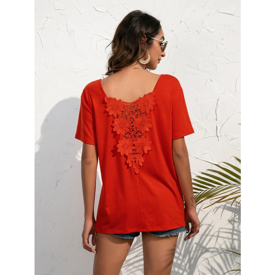 Lace Trim Short Sleeve Top Red Orange / S