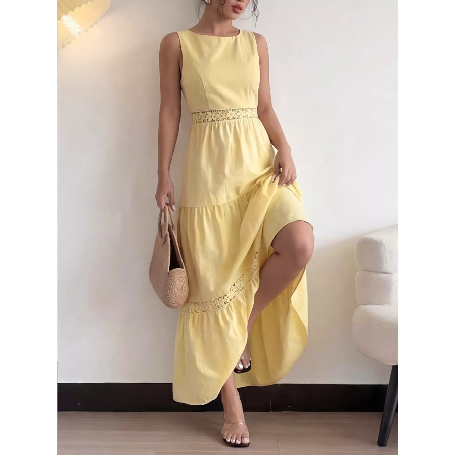 Lace Trim Sleeveless Tiered Maxi Dress Yellow / S Apparel and Accessories