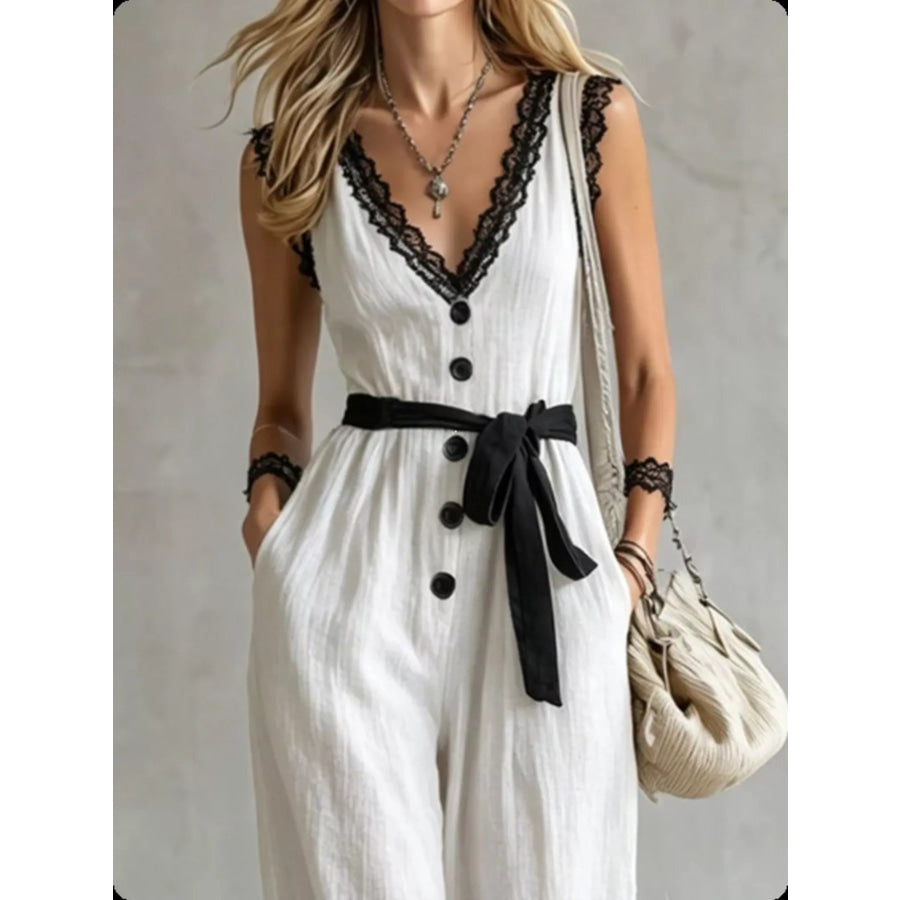 Lace Trim Sleeveless Wide Leg Jumpsuit Apparel and Accessories
