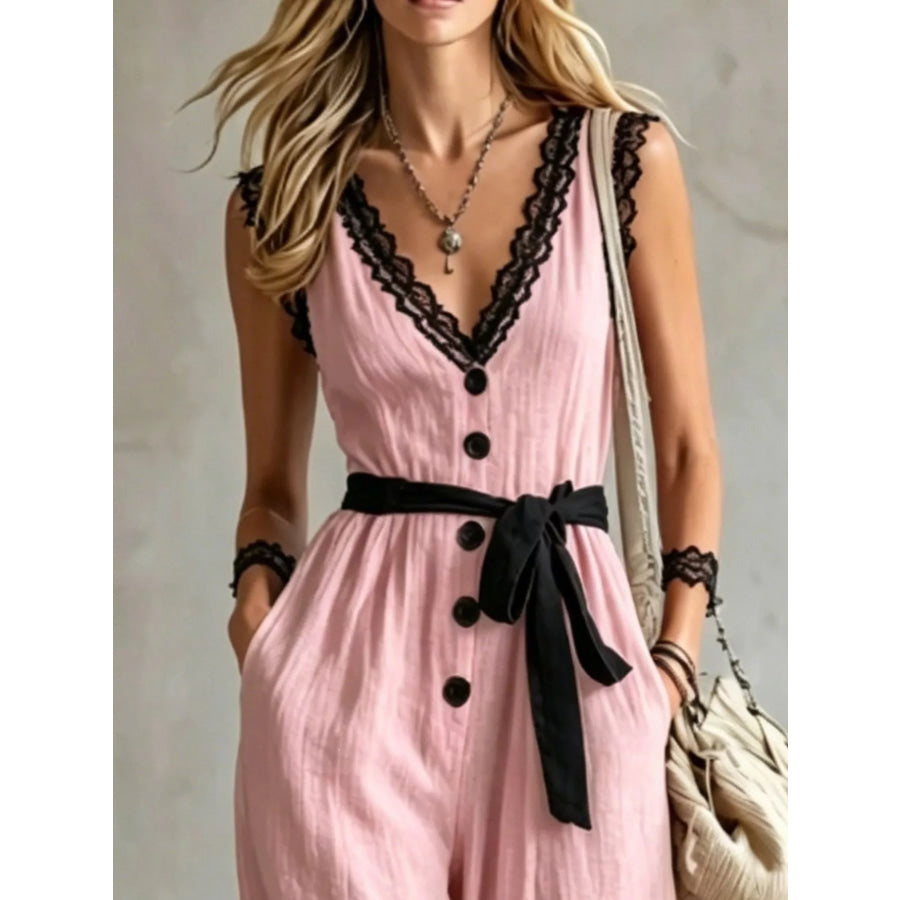 Lace Trim Sleeveless Wide Leg Jumpsuit Apparel and Accessories
