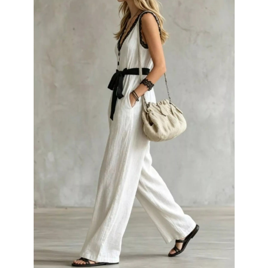 Lace Trim Sleeveless Wide Leg Jumpsuit Apparel and Accessories