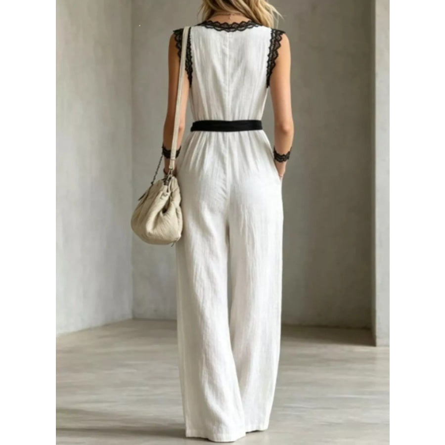 Lace Trim Sleeveless Wide Leg Jumpsuit Apparel and Accessories