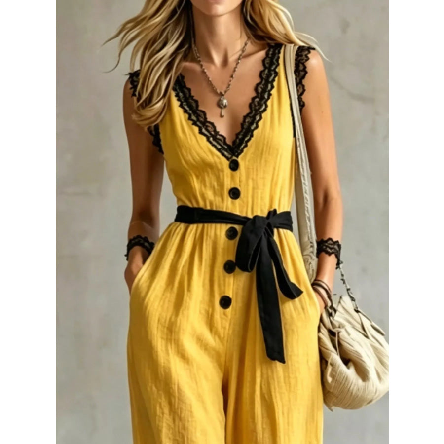 Lace Trim Sleeveless Wide Leg Jumpsuit Apparel and Accessories