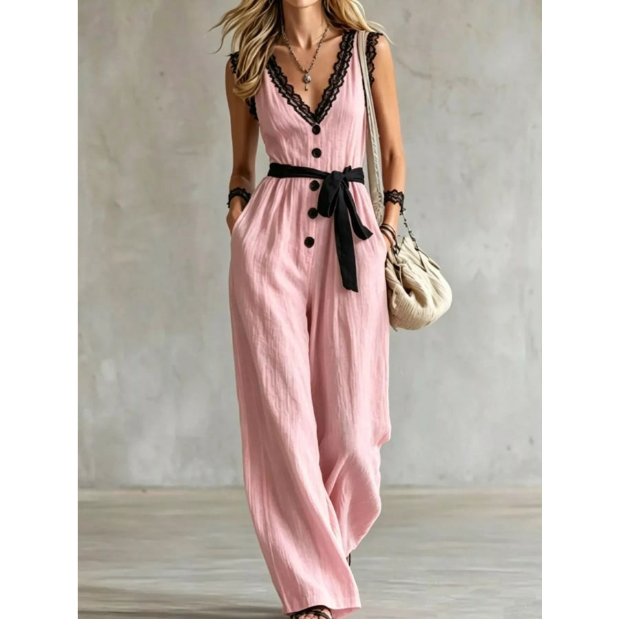 Lace Trim Sleeveless Wide Leg Jumpsuit Pink / S Apparel and Accessories