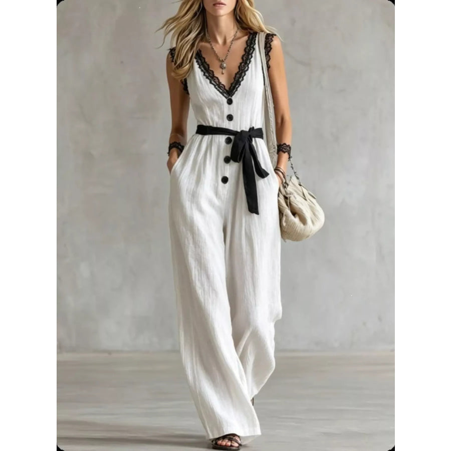 Lace Trim Sleeveless Wide Leg Jumpsuit White / S Apparel and Accessories