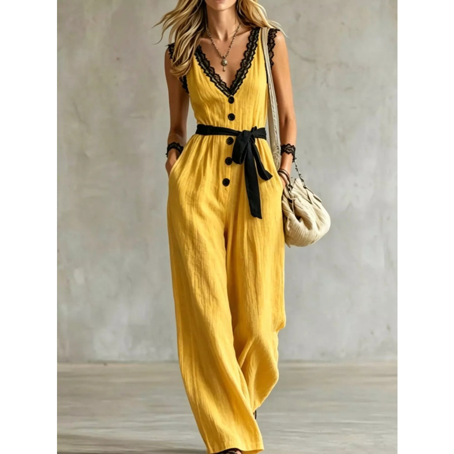 Lace Trim Sleeveless Wide Leg Jumpsuit Yellow / S Apparel and Accessories