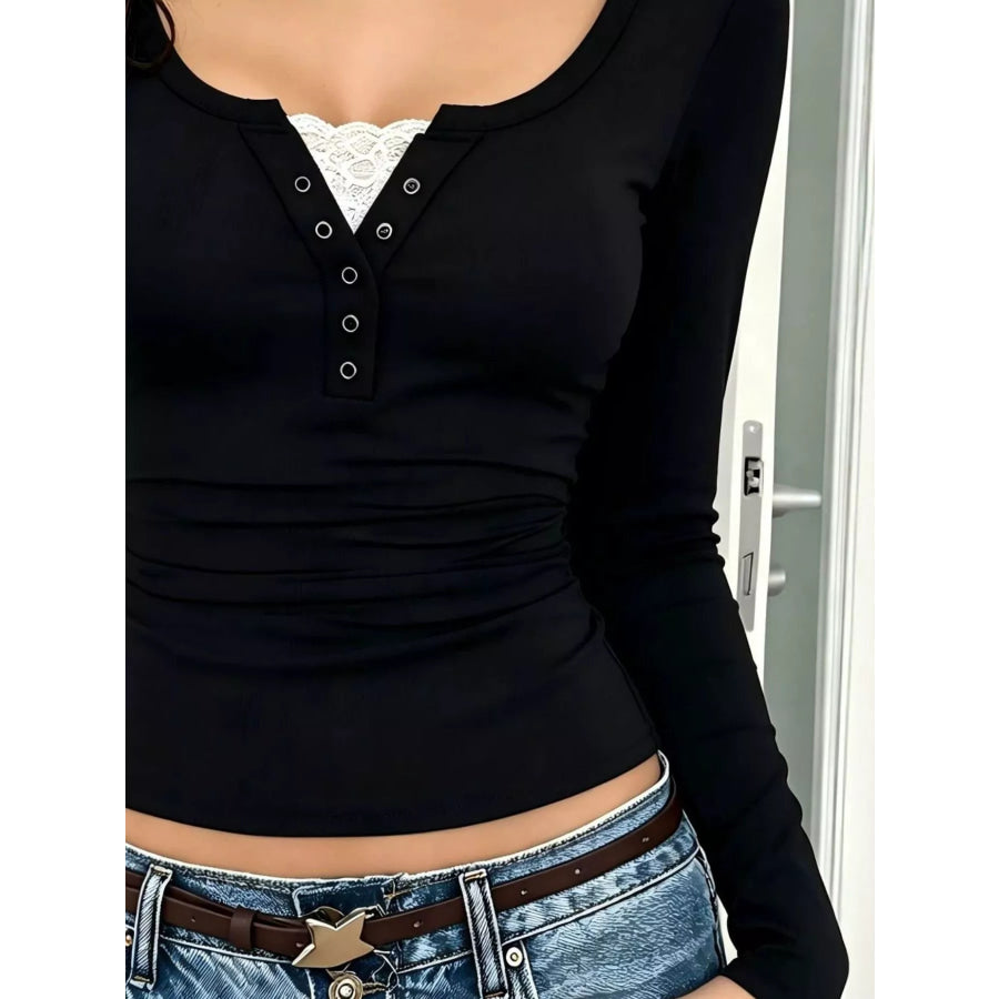 Lace Trim Slim Fit Long Sleeve T-Shirt Apparel and Accessories