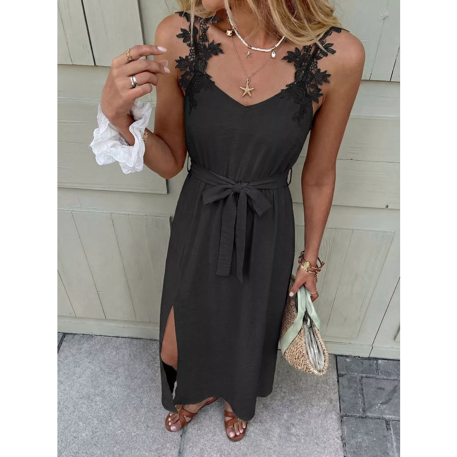 Lace Trim Slit Maxi Dress Black / S Apparel and Accessories