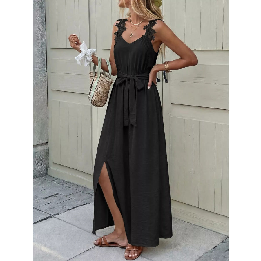 Lace Trim Slit Maxi Dress Apparel and Accessories
