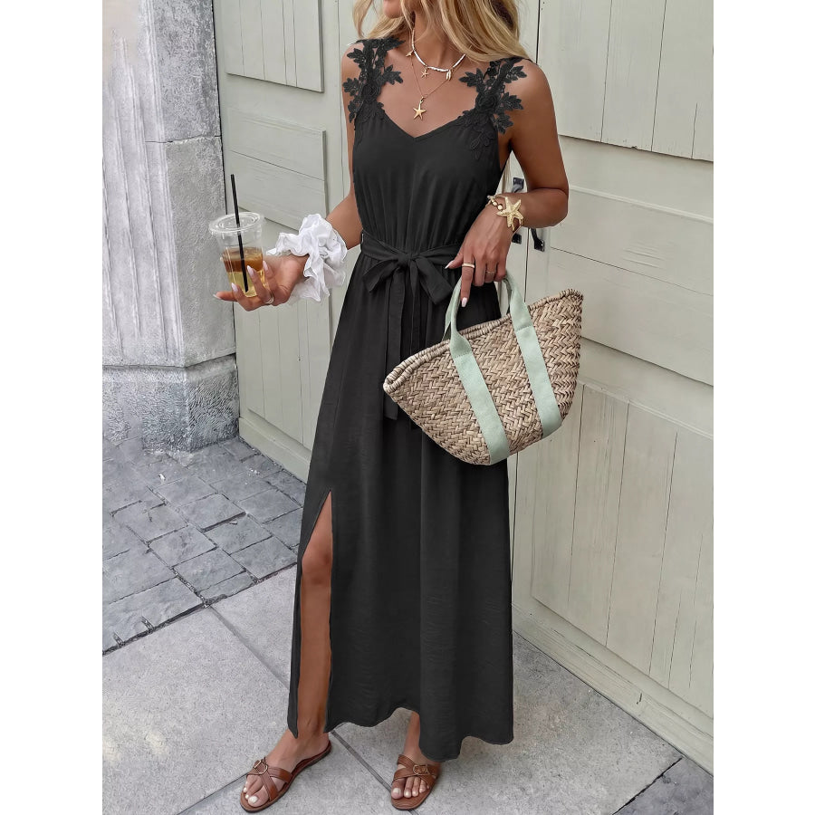Lace Trim Slit Maxi Dress Apparel and Accessories