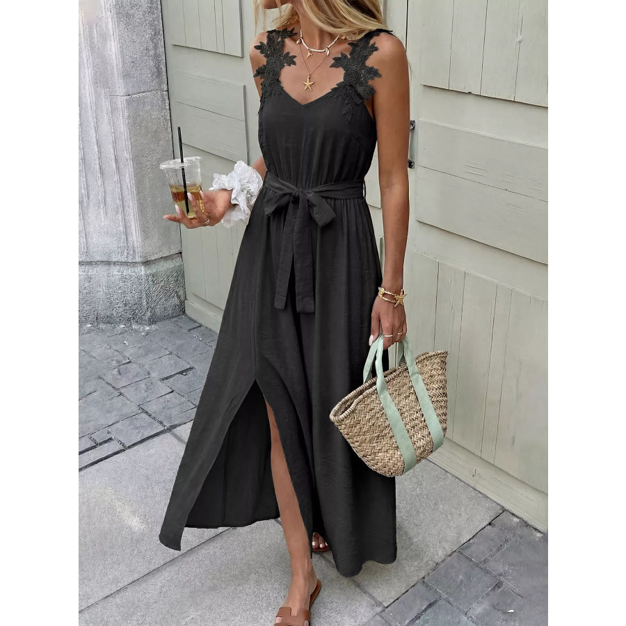 Lace Trim Slit Maxi Dress Black / S Apparel and Accessories