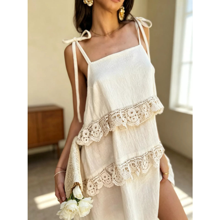 Lace Trim Spaghetti Strap Dress Ivory / XS Apparel and Accessories