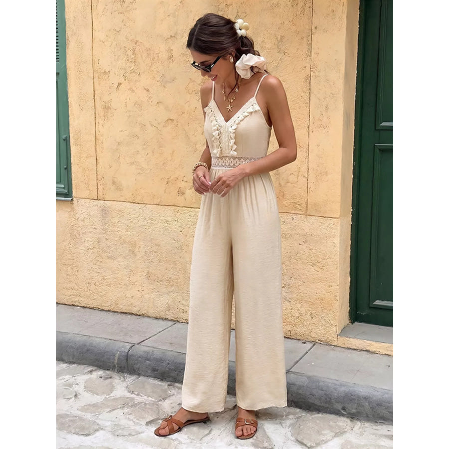 Lace Trim Spaghetti Strap Jumpsuit Apparel and Accessories
