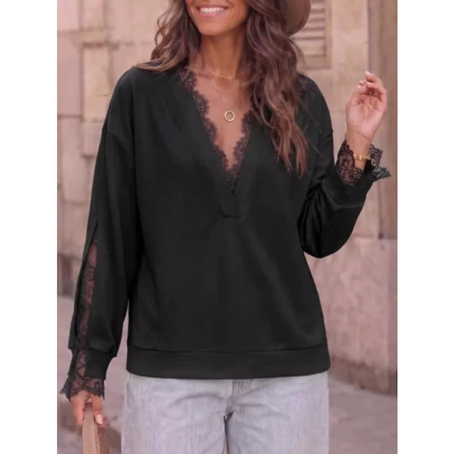 Lace Trim Split Sleeve Sweatshirt Apparel and Accessories