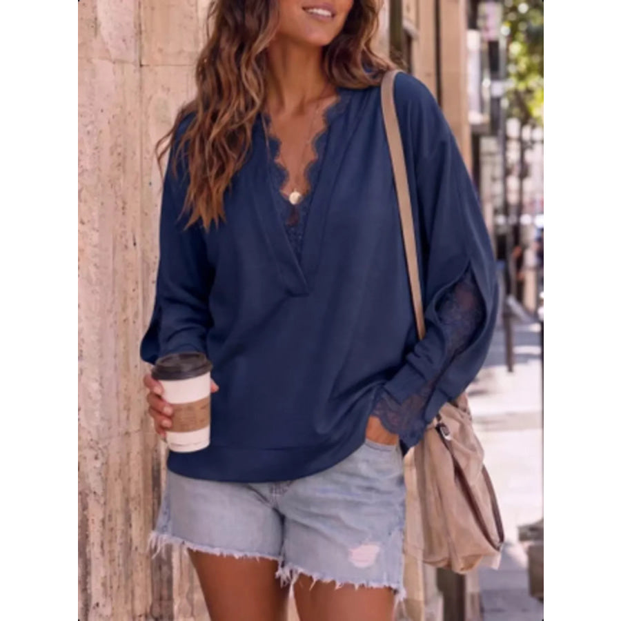 Lace Trim Split Sleeve Sweatshirt Apparel and Accessories