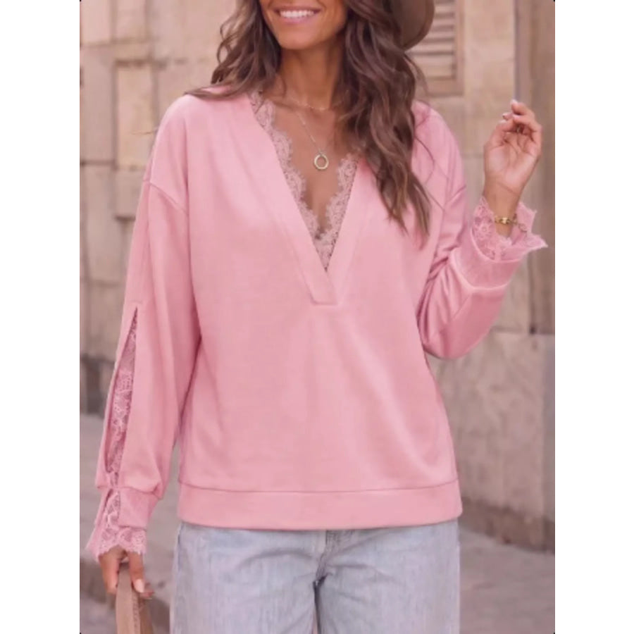 Lace Trim Split Sleeve Sweatshirt Apparel and Accessories