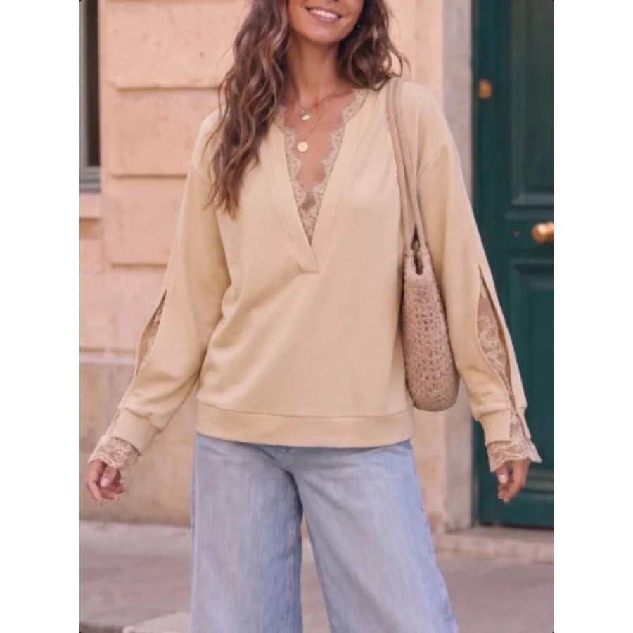 Lace Trim Split Sleeve Sweatshirt Apparel and Accessories