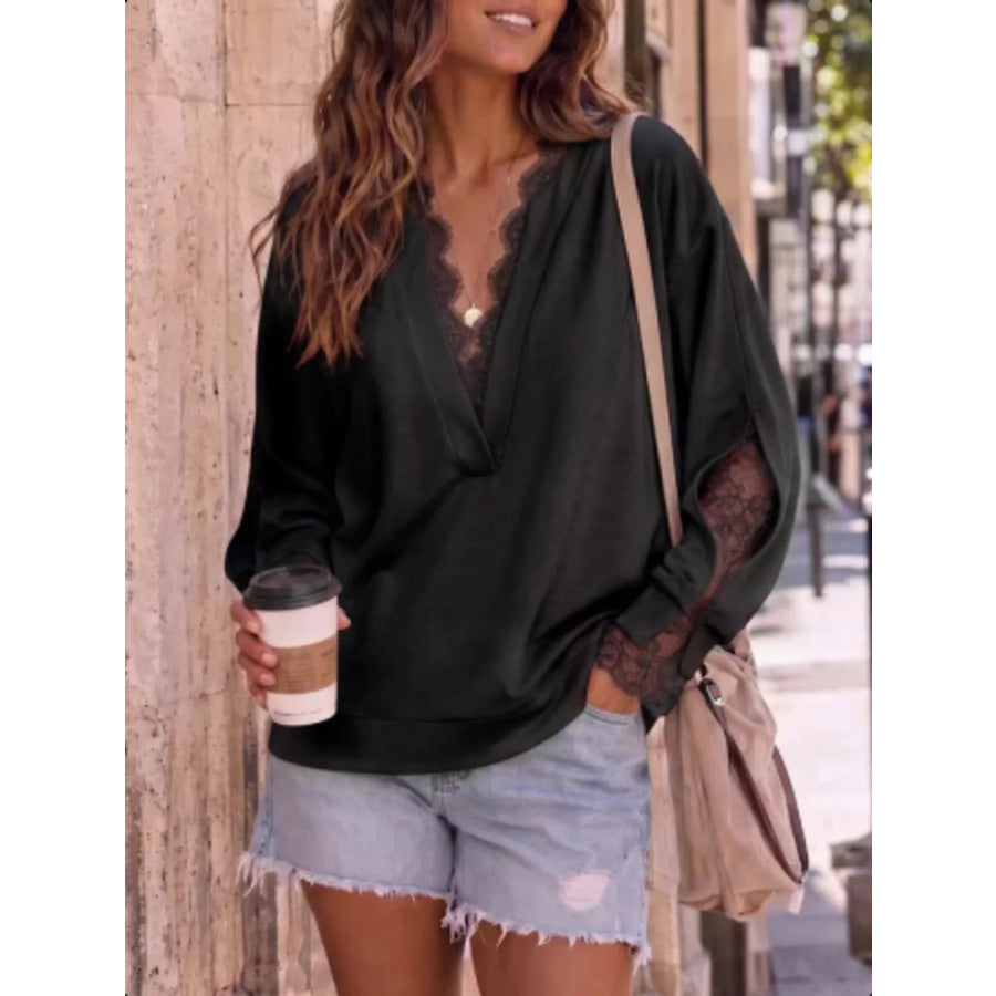 Lace Trim Split Sleeve Sweatshirt Black / S Apparel and Accessories
