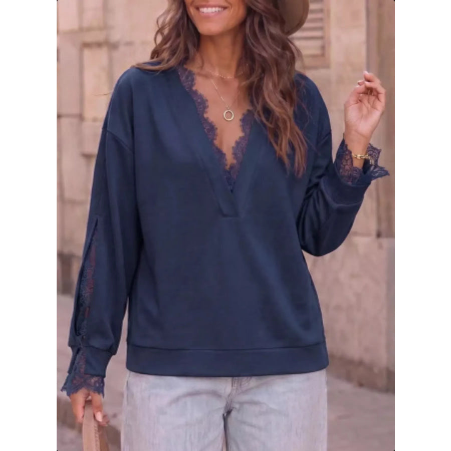 Lace Trim Split Sleeve Sweatshirt Dark Blue / S Apparel and Accessories