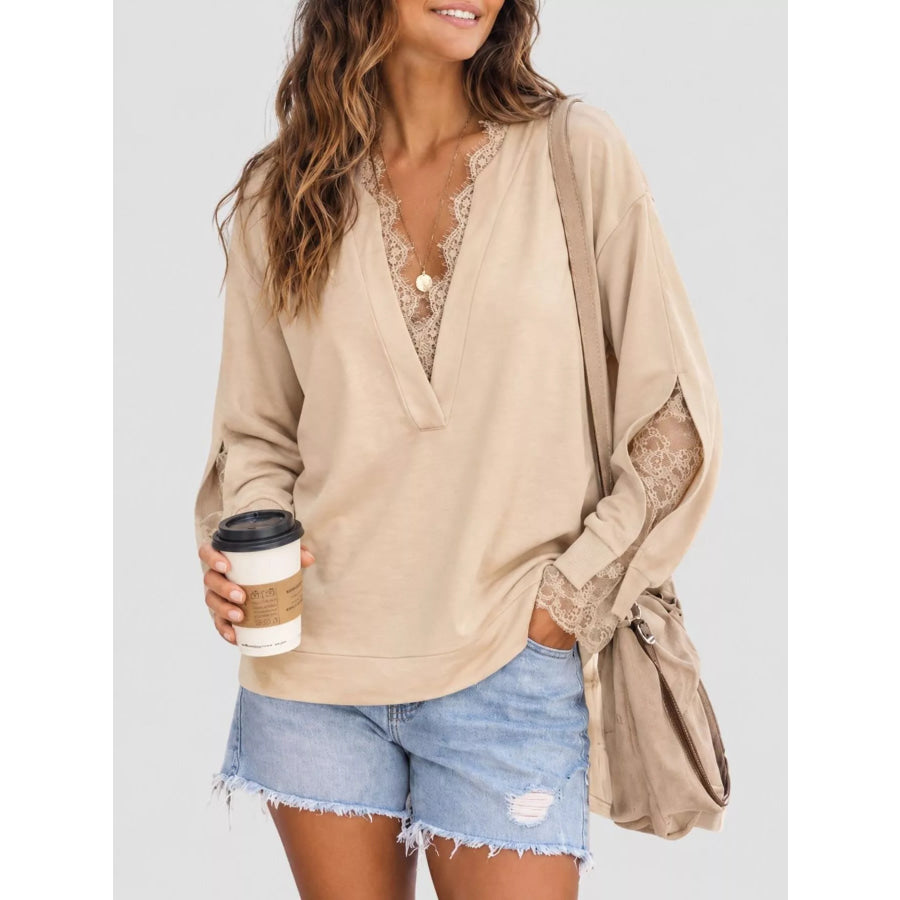 Lace Trim Split Sleeve Sweatshirt Khaki / S Apparel and Accessories
