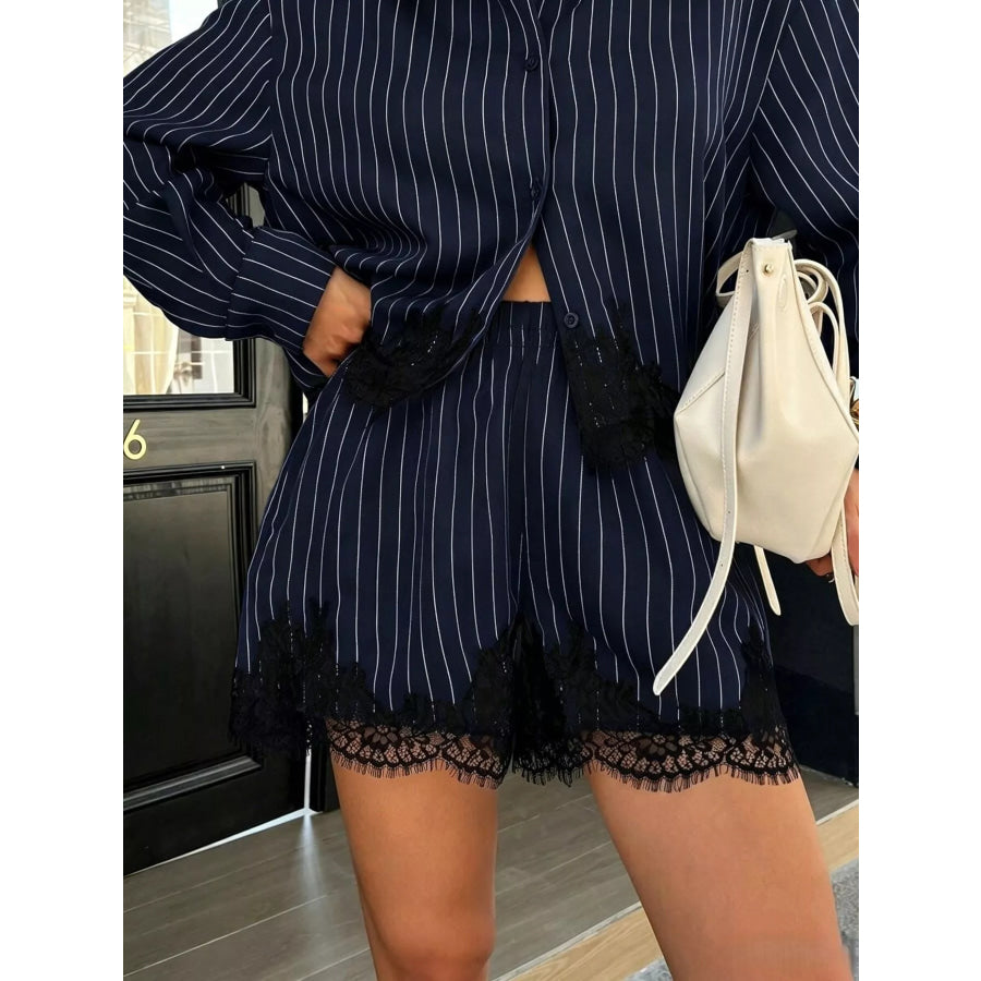 Lace Trim Striped Button-Down Shirt and Shorts Set Apparel and Accessories