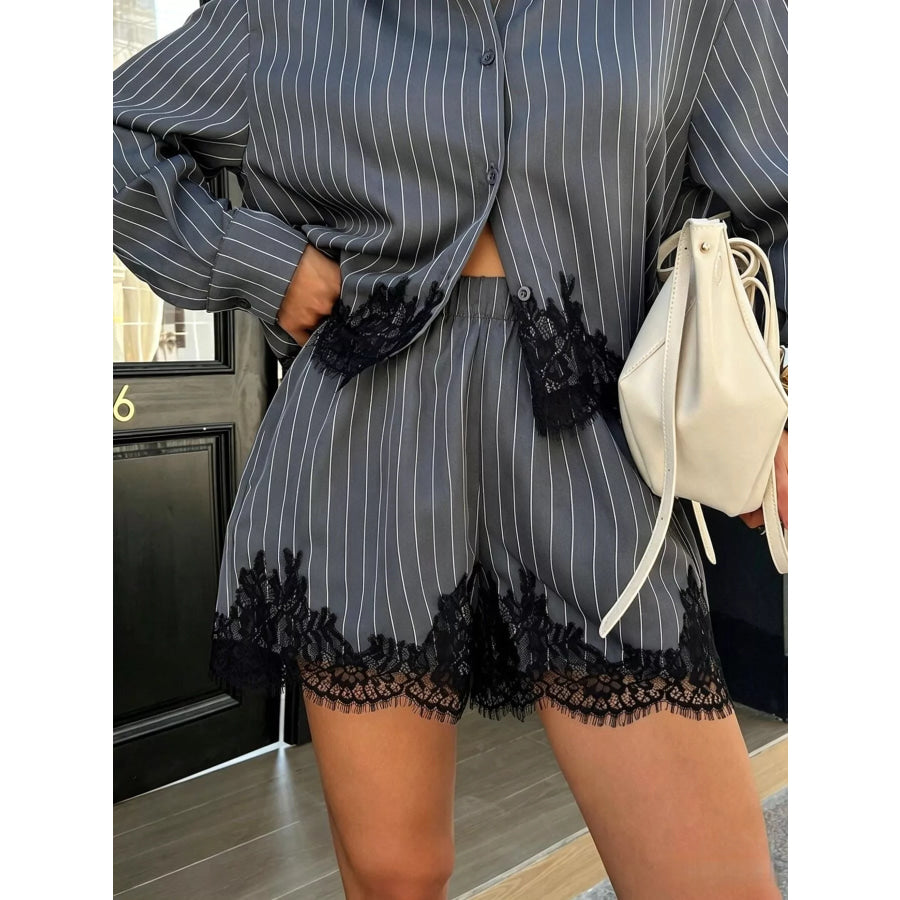 Lace Trim Striped Button-Down Shirt and Shorts Set Apparel and Accessories