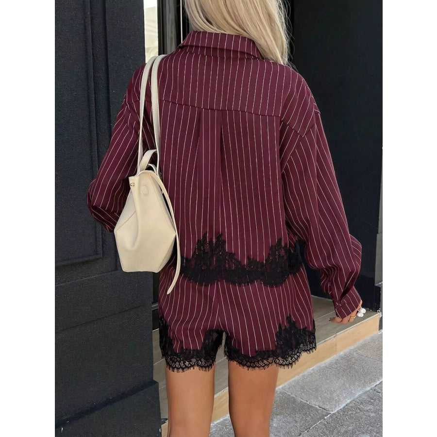 Lace Trim Striped Button-Down Shirt and Shorts Set Apparel and Accessories