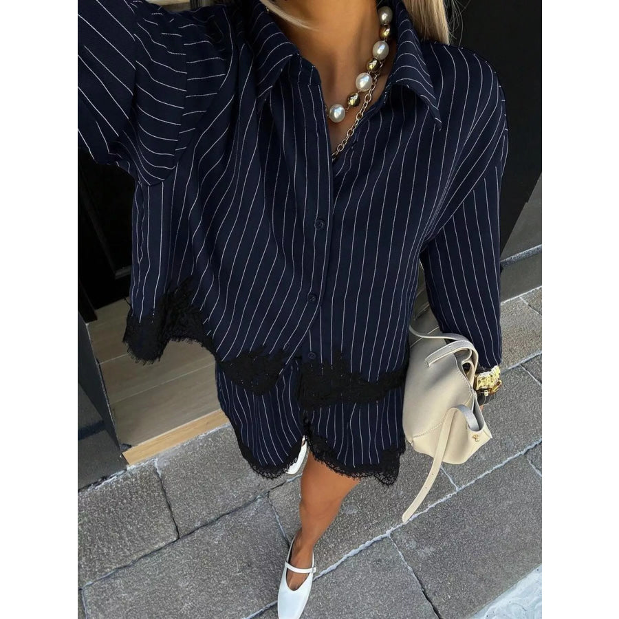 Lace Trim Striped Button-Down Shirt and Shorts Set Apparel and Accessories