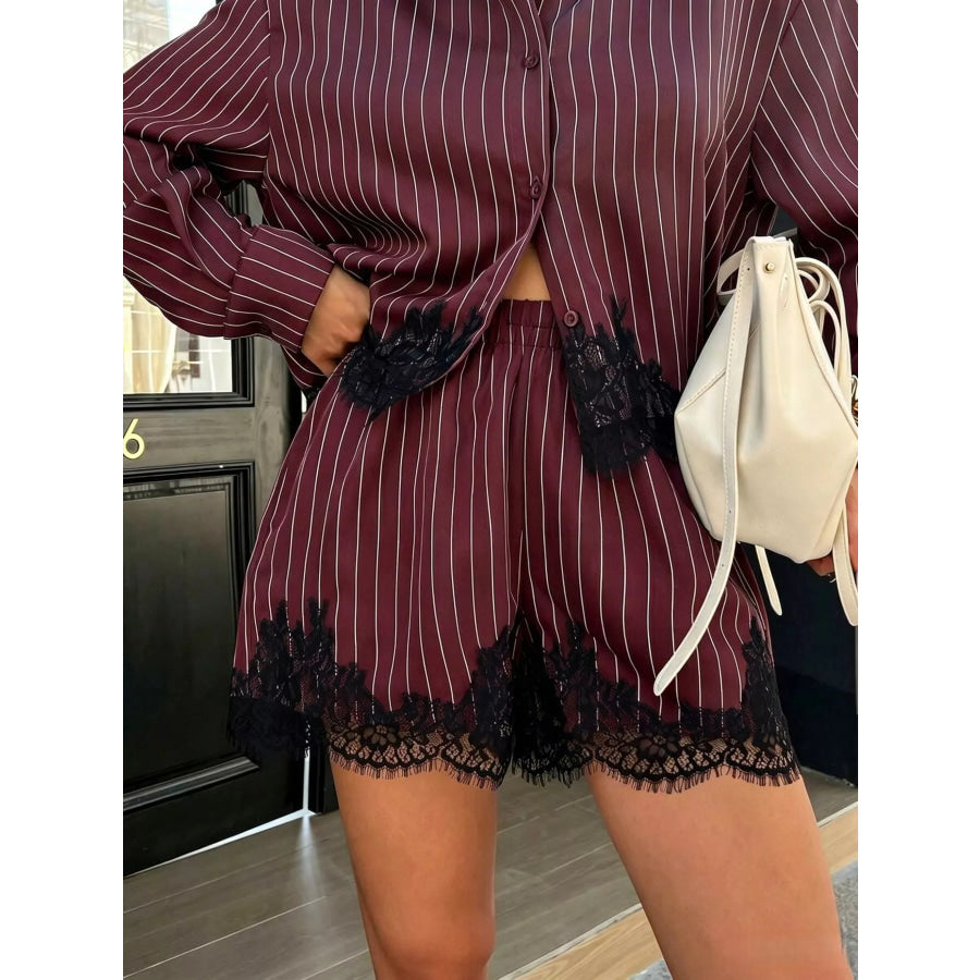 Lace Trim Striped Button-Down Shirt and Shorts Set Apparel and Accessories