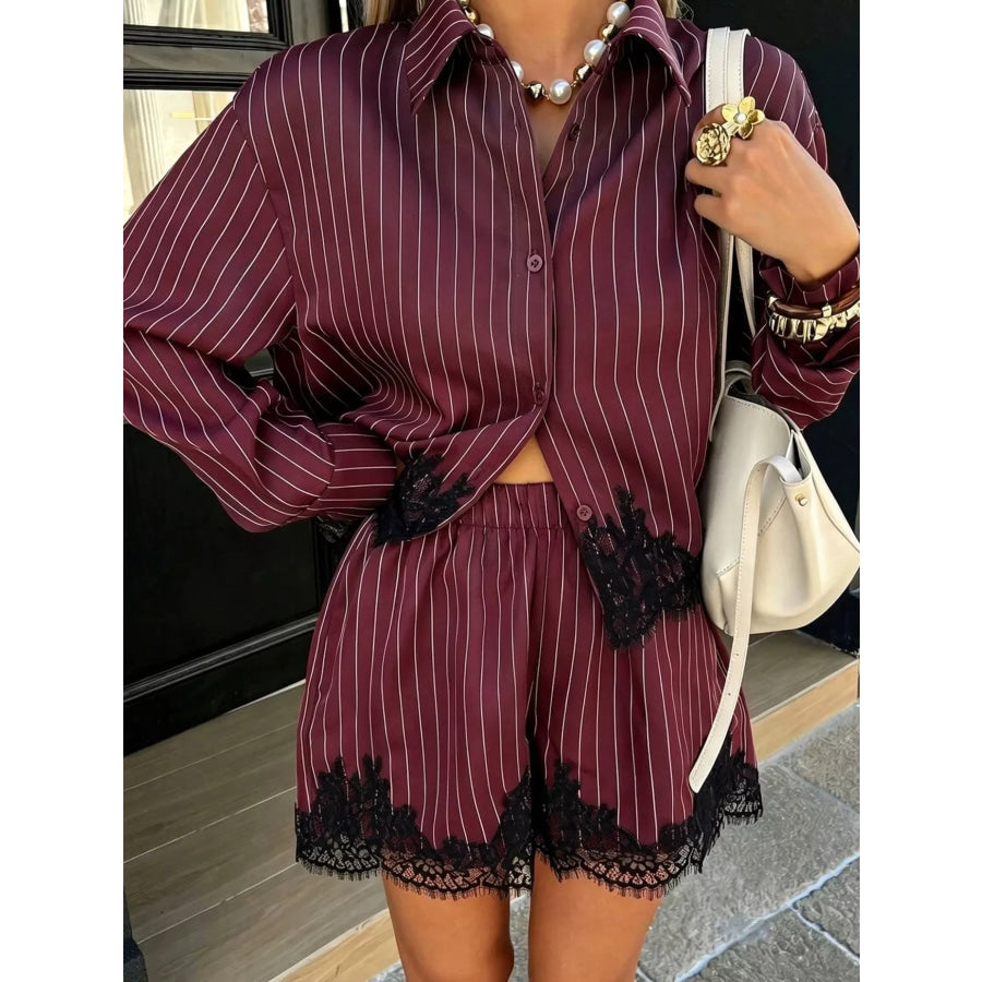 Lace Trim Striped Button-Down Shirt and Shorts Set Burgundy / S Apparel and Accessories