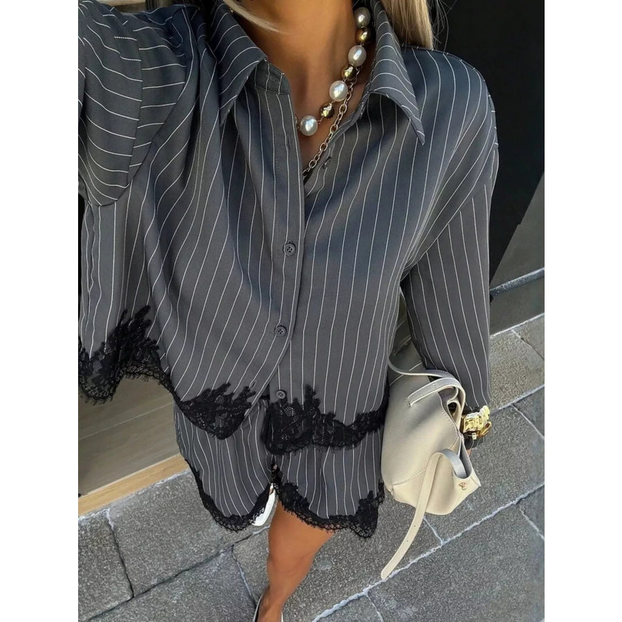 Lace Trim Striped Button-Down Shirt and Shorts Set Dark Gray / S Apparel and Accessories