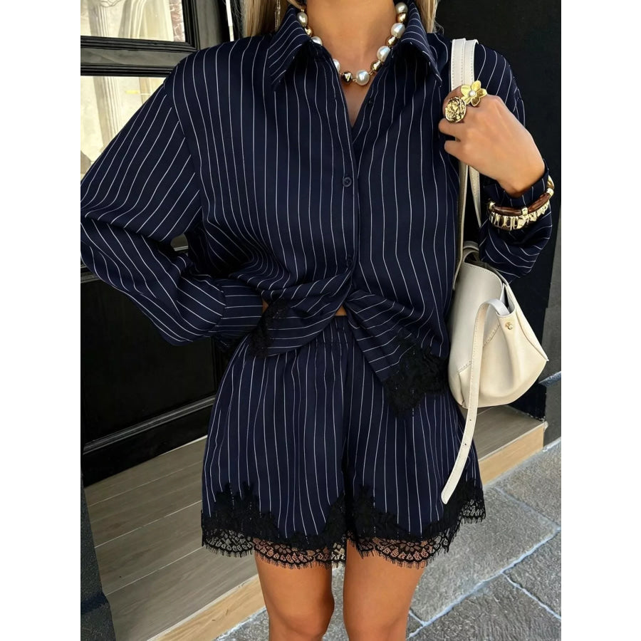 Lace Trim Striped Button-Down Shirt and Shorts Set Navy Blue / S Apparel and Accessories
