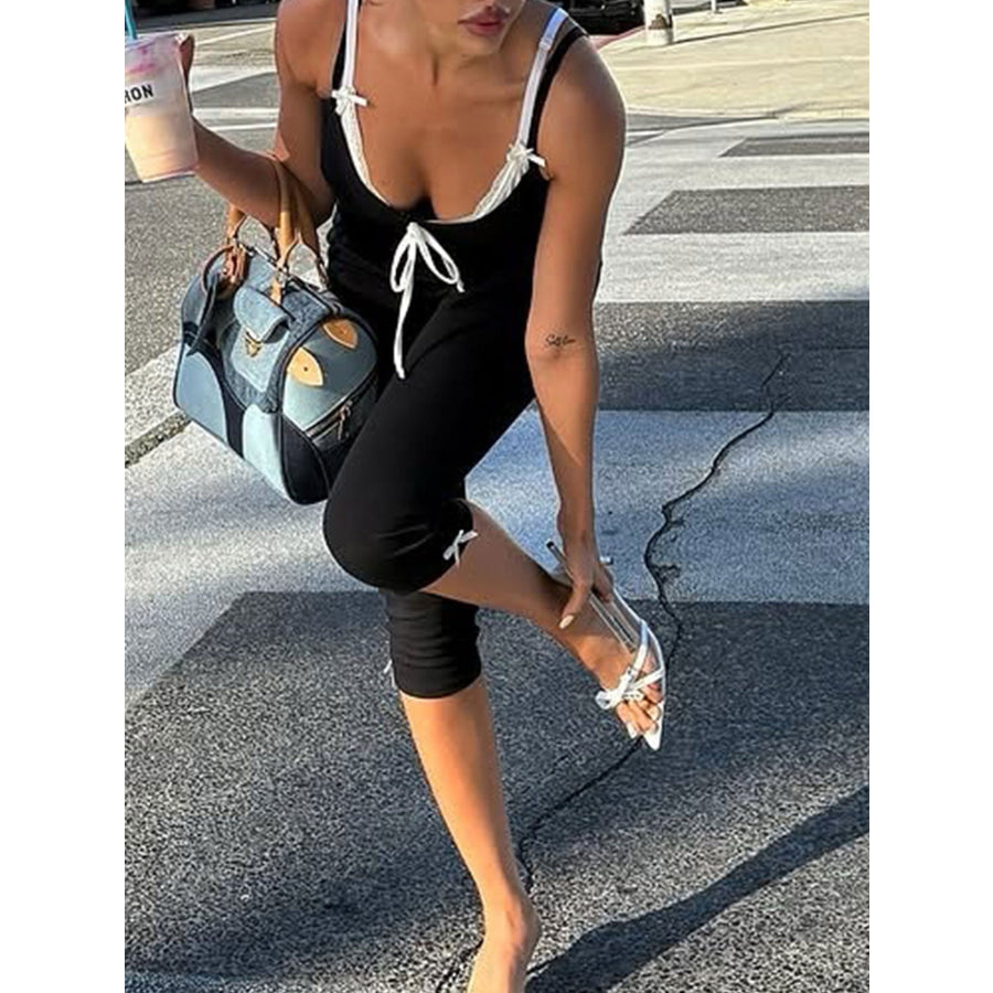 Lace Trim Tie-Front Capri Jumpsuit Apparel and Accessories